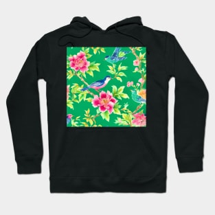 Chinoiserie flowers and birds on emerald green Hoodie